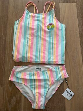 Hurley Kids Pastel Stripe Tankini Set - Pink, Yellow, Mint, Blue